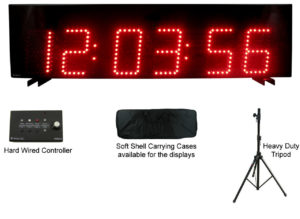 Race Clocks, digital display, PT timer, tripod, key pad, carrying case, accessories, gell cell