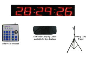 Race clock, wireless key pad, gell-cell battery, tripod, carrying case